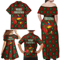 Guadeloupe Christmas Family Matching Off Shoulder Maxi Dress and Hawaiian Shirt with Green-Red Plaid Design, Island Map, and Traditional Santa Motif - Wonder Print Shop