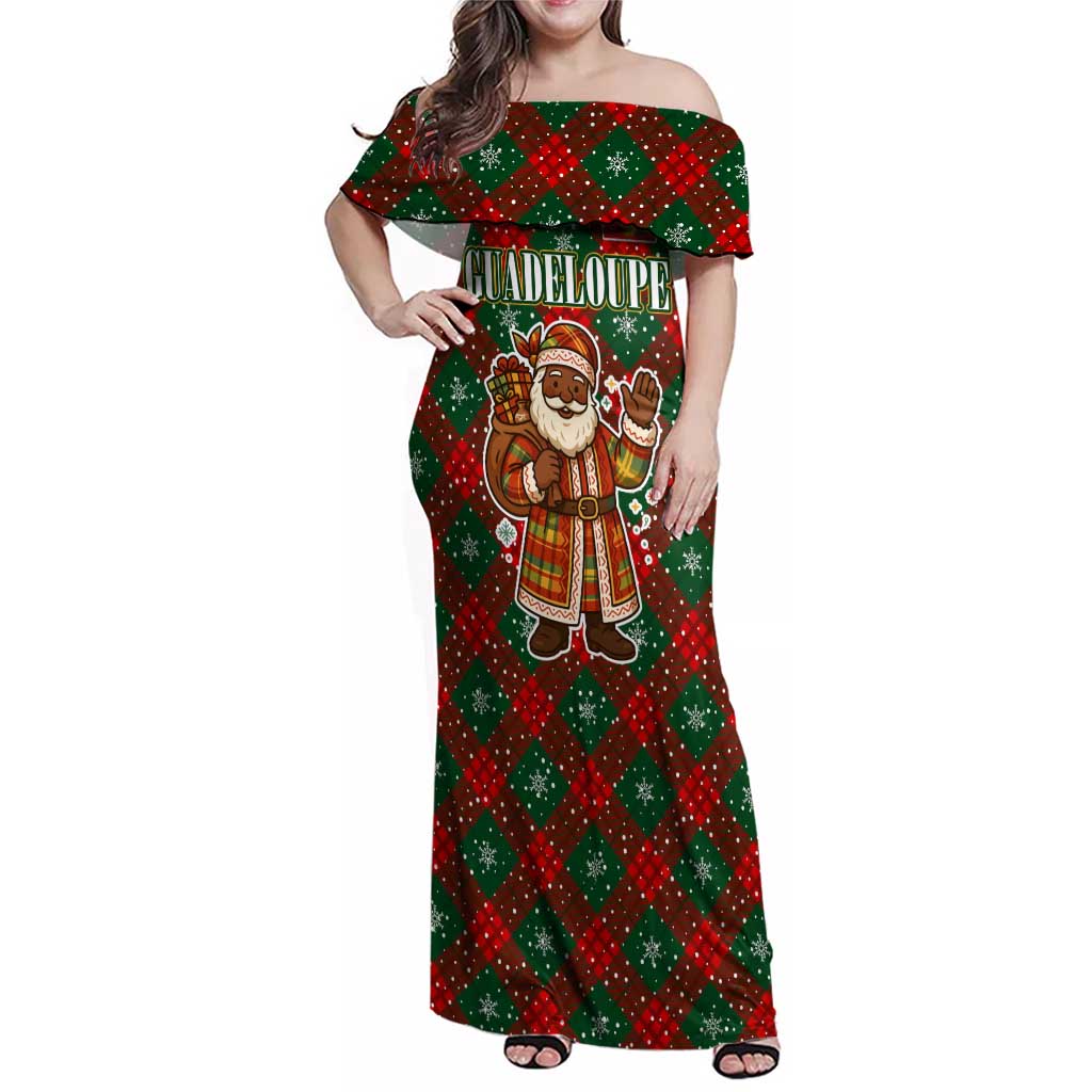 Guadeloupe Christmas Family Matching Off Shoulder Maxi Dress and Hawaiian Shirt with Green-Red Plaid Design, Island Map, and Traditional Santa Motif - Wonder Print Shop