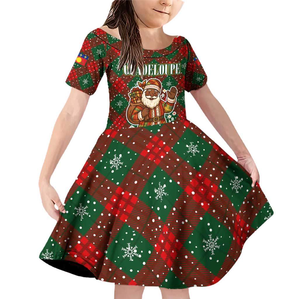 Guadeloupe Christmas Family Matching Off Shoulder Short Dress and Hawaiian Shirt with Green-Red Plaid Design, Island Map, and Traditional Santa Motif - Wonder Print Shop