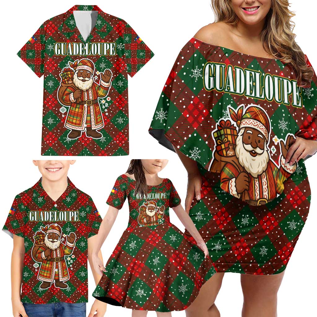 Guadeloupe Christmas Family Matching Off Shoulder Short Dress and Hawaiian Shirt with Green-Red Plaid Design, Island Map, and Traditional Santa Motif - Wonder Print Shop