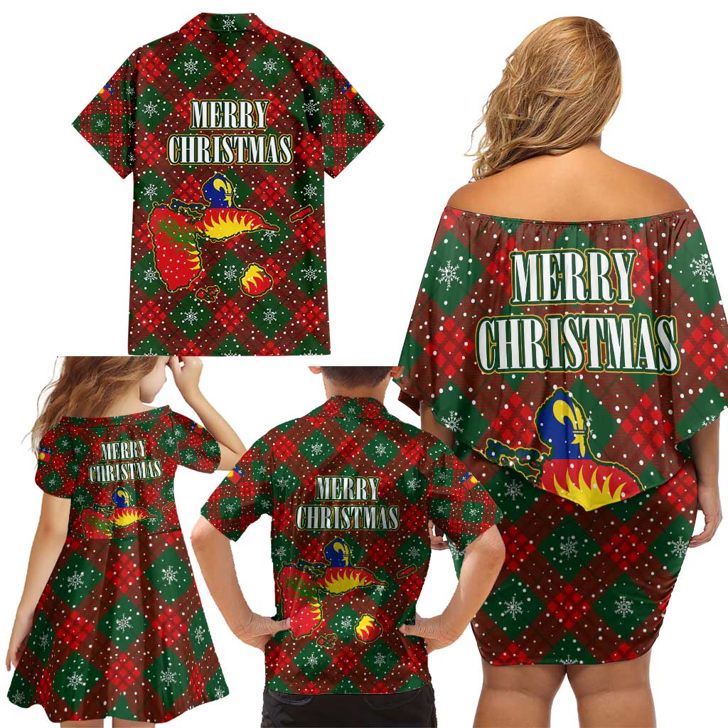 Guadeloupe Christmas Family Matching Off Shoulder Short Dress and Hawaiian Shirt with Green-Red Plaid Design, Island Map, and Traditional Santa Motif - Wonder Print Shop