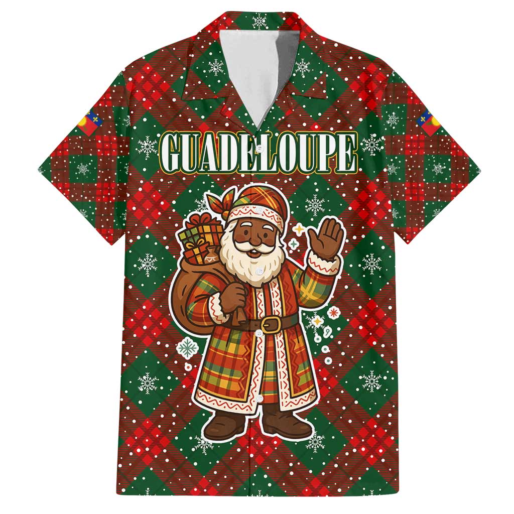 Guadeloupe Christmas Family Matching Off Shoulder Short Dress and Hawaiian Shirt with Green-Red Plaid Design, Island Map, and Traditional Santa Motif - Wonder Print Shop