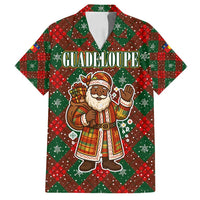 Guadeloupe Christmas Family Matching Off Shoulder Short Dress and Hawaiian Shirt with Green-Red Plaid Design, Island Map, and Traditional Santa Motif - Wonder Print Shop