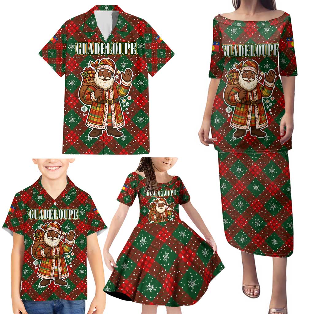 Guadeloupe Christmas Family Matching Puletasi and Hawaiian Shirt with Green-Red Plaid Design, Island Map, and Traditional Santa Motif - Wonder Print Shop