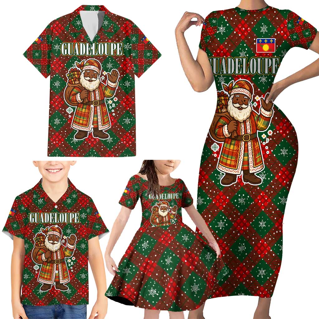 Guadeloupe Christmas Family Matching Short Sleeve Bodycon Dress and Hawaiian Shirt with Green-Red Plaid Design, Island Map, and Traditional Santa Motif - Wonder Print Shop