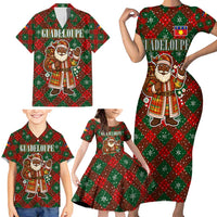 Guadeloupe Christmas Family Matching Short Sleeve Bodycon Dress and Hawaiian Shirt with Green-Red Plaid Design, Island Map, and Traditional Santa Motif - Wonder Print Shop
