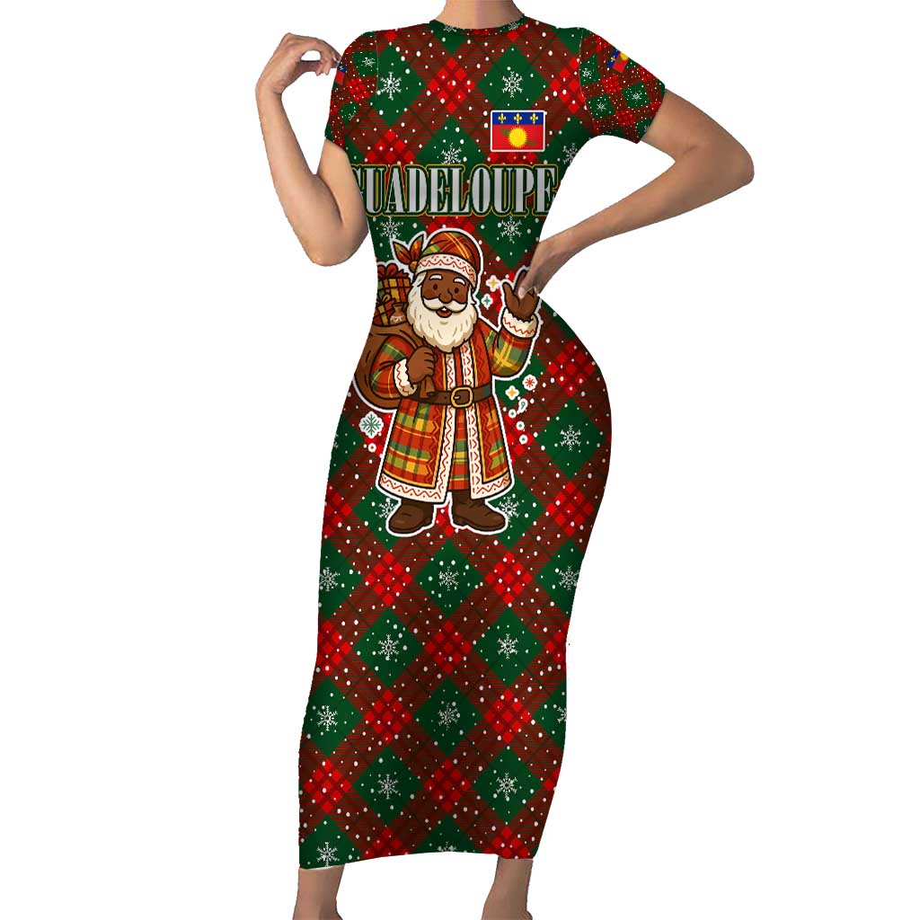 Guadeloupe Christmas Family Matching Short Sleeve Bodycon Dress and Hawaiian Shirt with Green-Red Plaid Design, Island Map, and Traditional Santa Motif - Wonder Print Shop