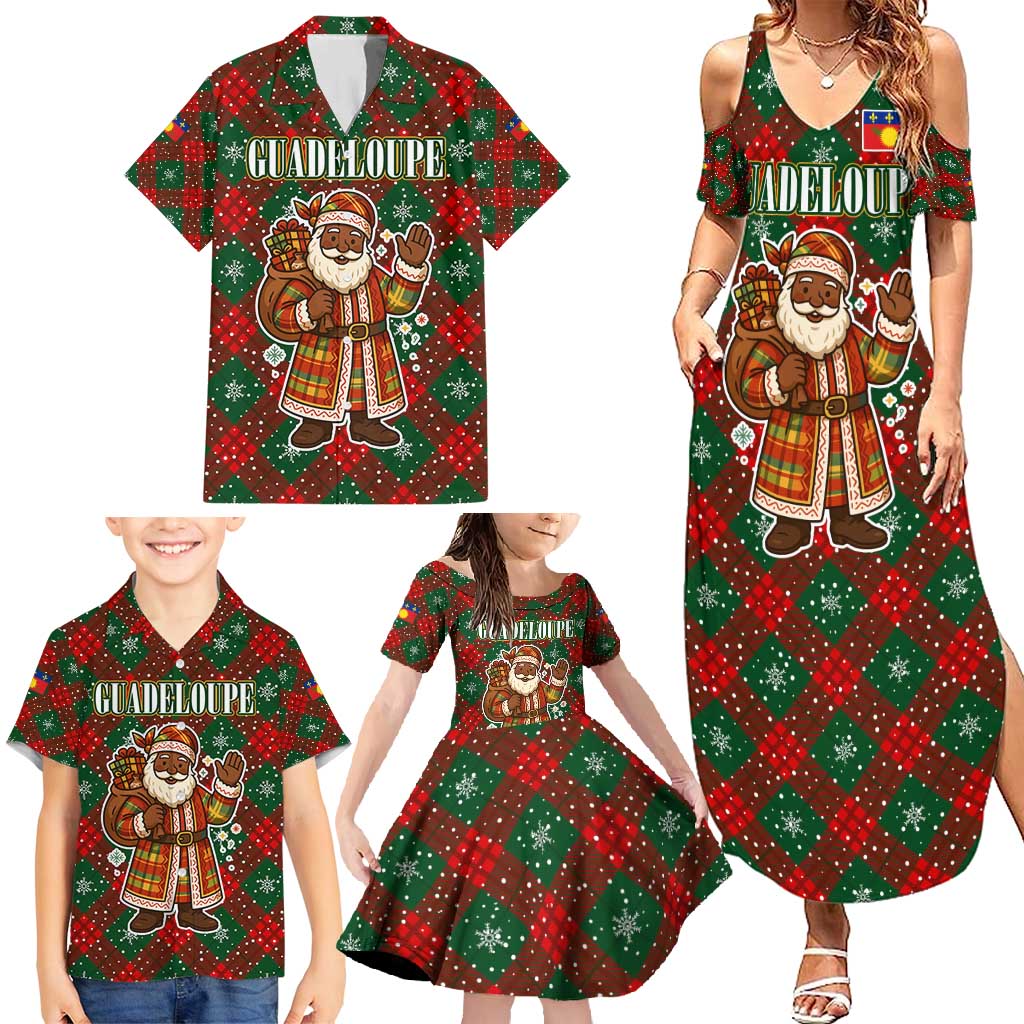 Guadeloupe Christmas Family Matching Summer Maxi Dress and Hawaiian Shirt with Green-Red Plaid Design, Island Map, and Traditional Santa Motif - Wonder Print Shop
