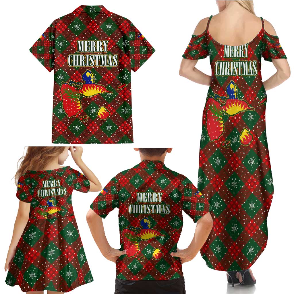 Guadeloupe Christmas Family Matching Summer Maxi Dress and Hawaiian Shirt with Green-Red Plaid Design, Island Map, and Traditional Santa Motif - Wonder Print Shop