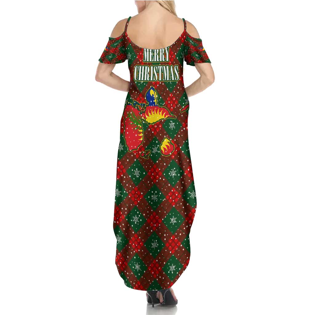 Guadeloupe Christmas Family Matching Summer Maxi Dress and Hawaiian Shirt with Green-Red Plaid Design, Island Map, and Traditional Santa Motif - Wonder Print Shop