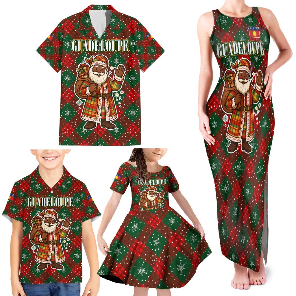 Guadeloupe Christmas Family Matching Tank Maxi Dress and Hawaiian Shirt with Green-Red Plaid Design, Island Map, and Traditional Santa Motif - Wonder Print Shop