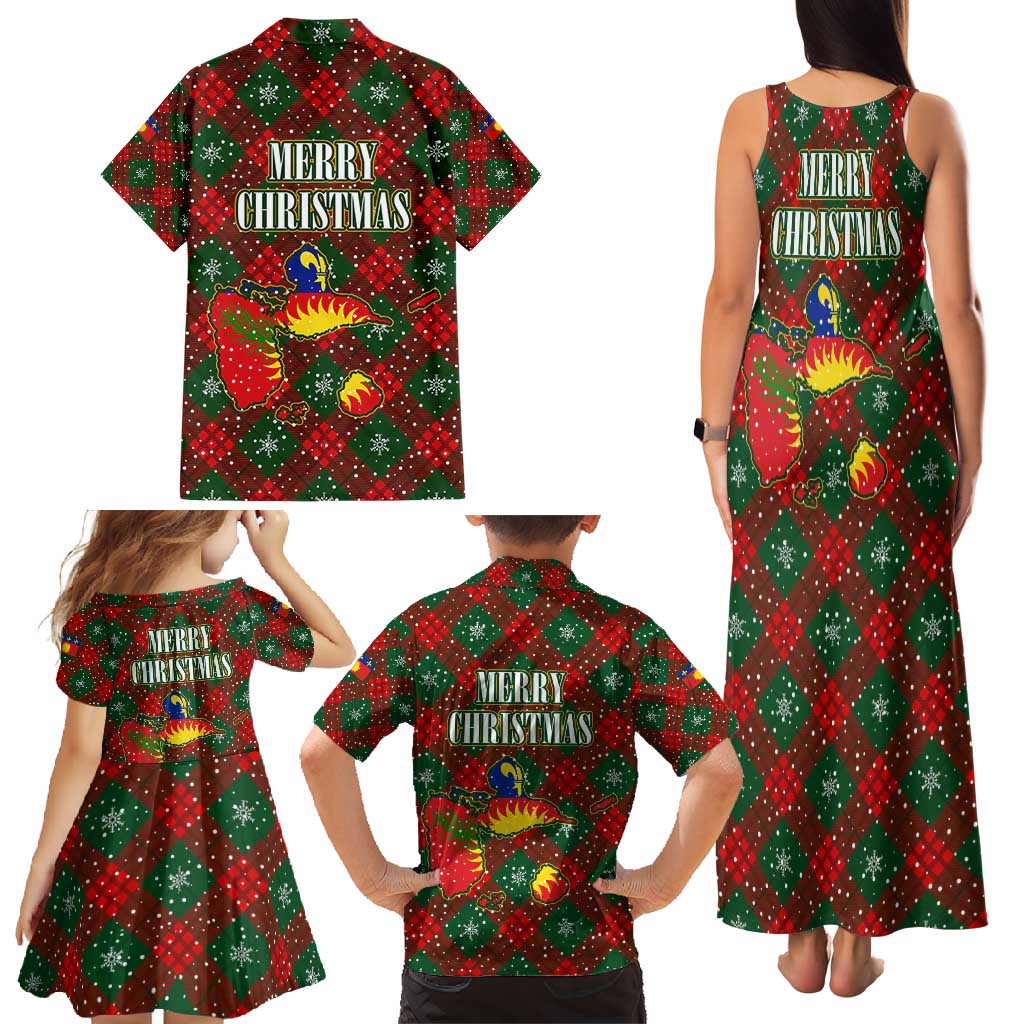 Guadeloupe Christmas Family Matching Tank Maxi Dress and Hawaiian Shirt with Green-Red Plaid Design, Island Map, and Traditional Santa Motif - Wonder Print Shop