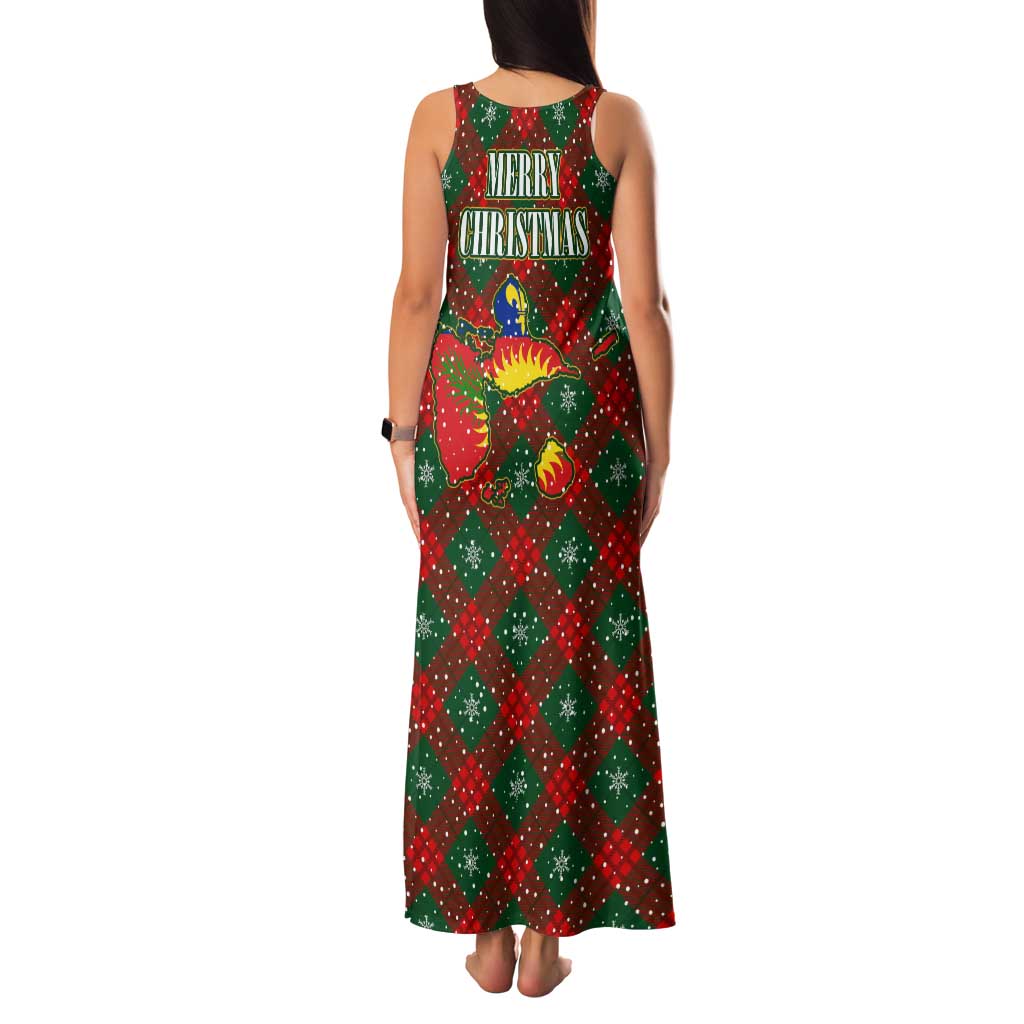Guadeloupe Christmas Family Matching Tank Maxi Dress and Hawaiian Shirt with Green-Red Plaid Design, Island Map, and Traditional Santa Motif - Wonder Print Shop