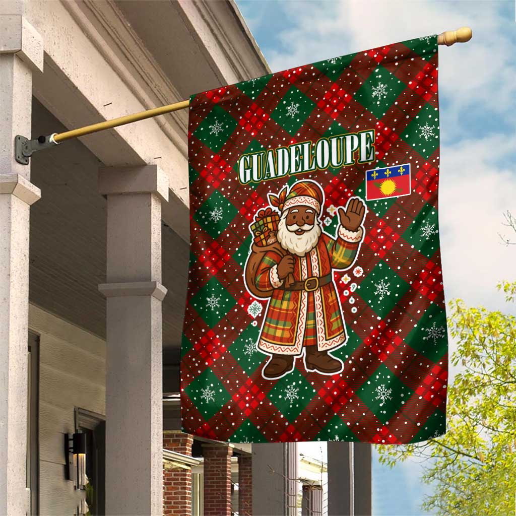 Guadeloupe Christmas Garden Flag with Green-Red Plaid Design, Island Map, and Traditional Santa Motif - Wonder Print Shop