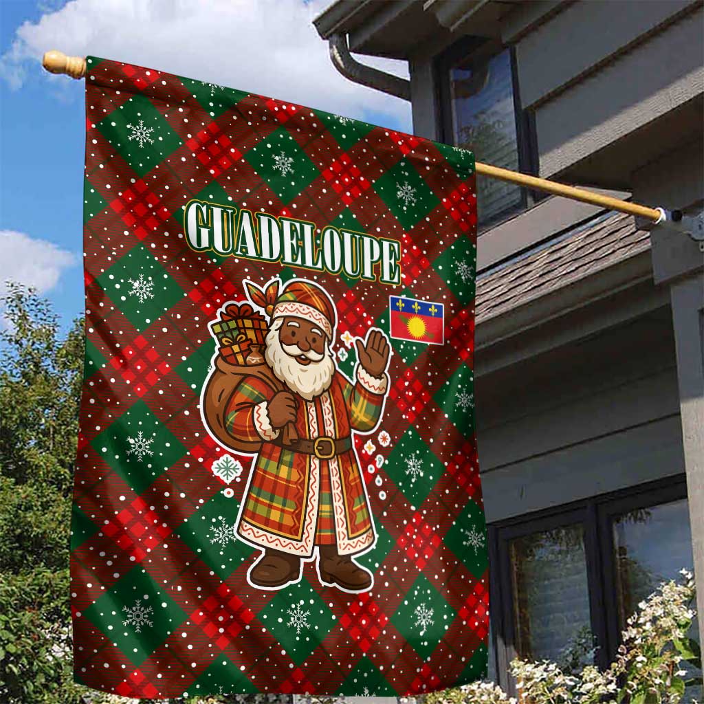Guadeloupe Christmas Garden Flag with Green-Red Plaid Design, Island Map, and Traditional Santa Motif - Wonder Print Shop