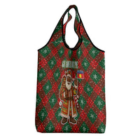 Guadeloupe Christmas Grocery Bag with Green-Red Plaid Design, Island Map, and Traditional Santa Motif - Wonder Print Shop