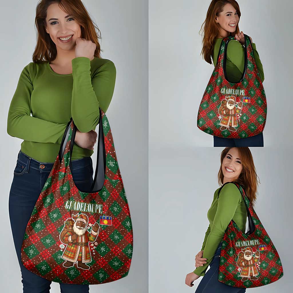 Guadeloupe Christmas Grocery Bag with Green-Red Plaid Design, Island Map, and Traditional Santa Motif - Wonder Print Shop