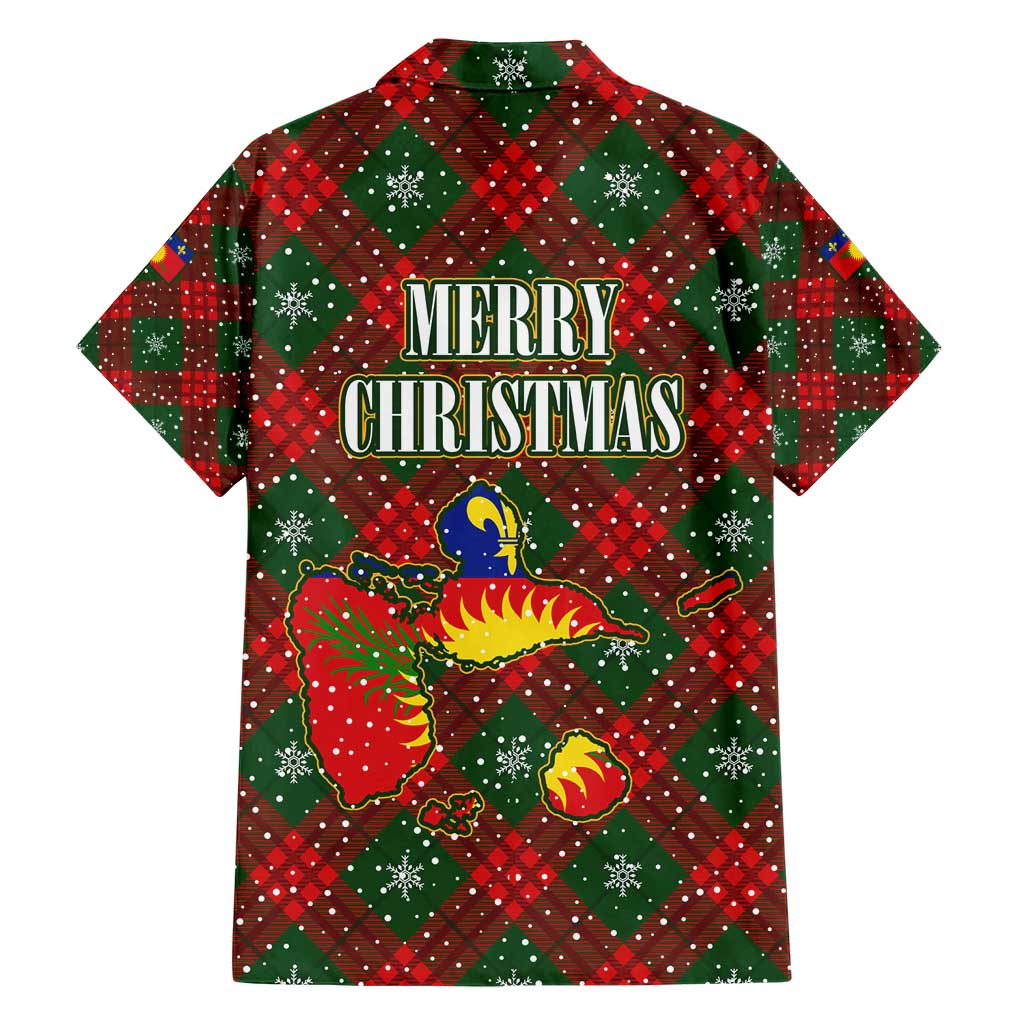 Guadeloupe Christmas Hawaiian Shirt with Green-Red Plaid Design, Island Map, and Traditional Santa Motif - Wonder Print Shop