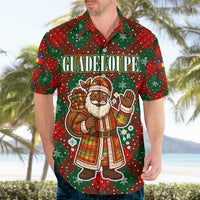 Guadeloupe Christmas Hawaiian Shirt with Green-Red Plaid Design, Island Map, and Traditional Santa Motif - Wonder Print Shop