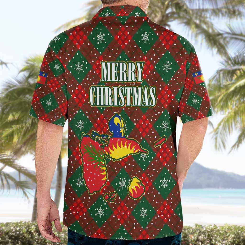 Guadeloupe Christmas Hawaiian Shirt with Green-Red Plaid Design, Island Map, and Traditional Santa Motif - Wonder Print Shop