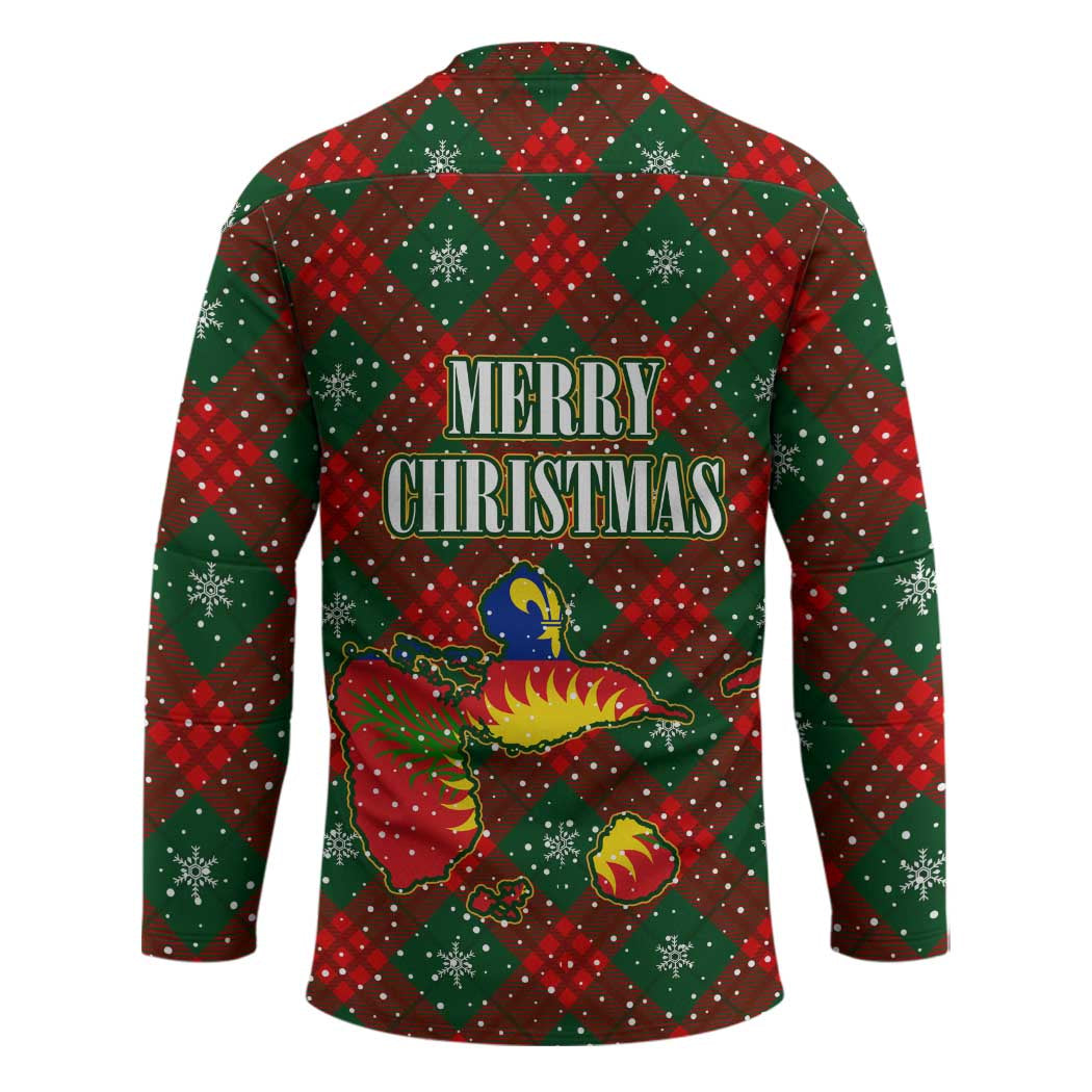 Guadeloupe Christmas Hockey Jersey with Green-Red Plaid Design, Island Map, and Traditional Santa Motif - Wonder Print Shop