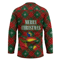 Guadeloupe Christmas Hockey Jersey with Green-Red Plaid Design, Island Map, and Traditional Santa Motif - Wonder Print Shop
