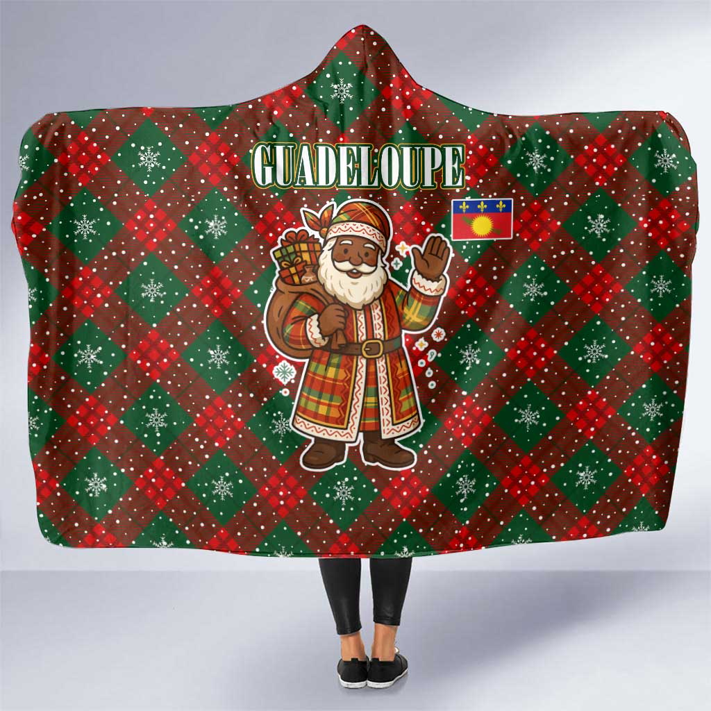 Guadeloupe Christmas Hooded Blanket with Green-Red Plaid Design, Island Map, and Traditional Santa Motif - Wonder Print Shop