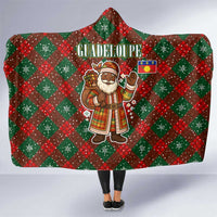 Guadeloupe Christmas Hooded Blanket with Green-Red Plaid Design, Island Map, and Traditional Santa Motif - Wonder Print Shop
