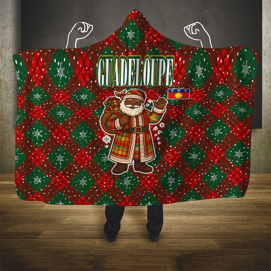 Guadeloupe Christmas Hooded Blanket with Green-Red Plaid Design, Island Map, and Traditional Santa Motif - Wonder Print Shop