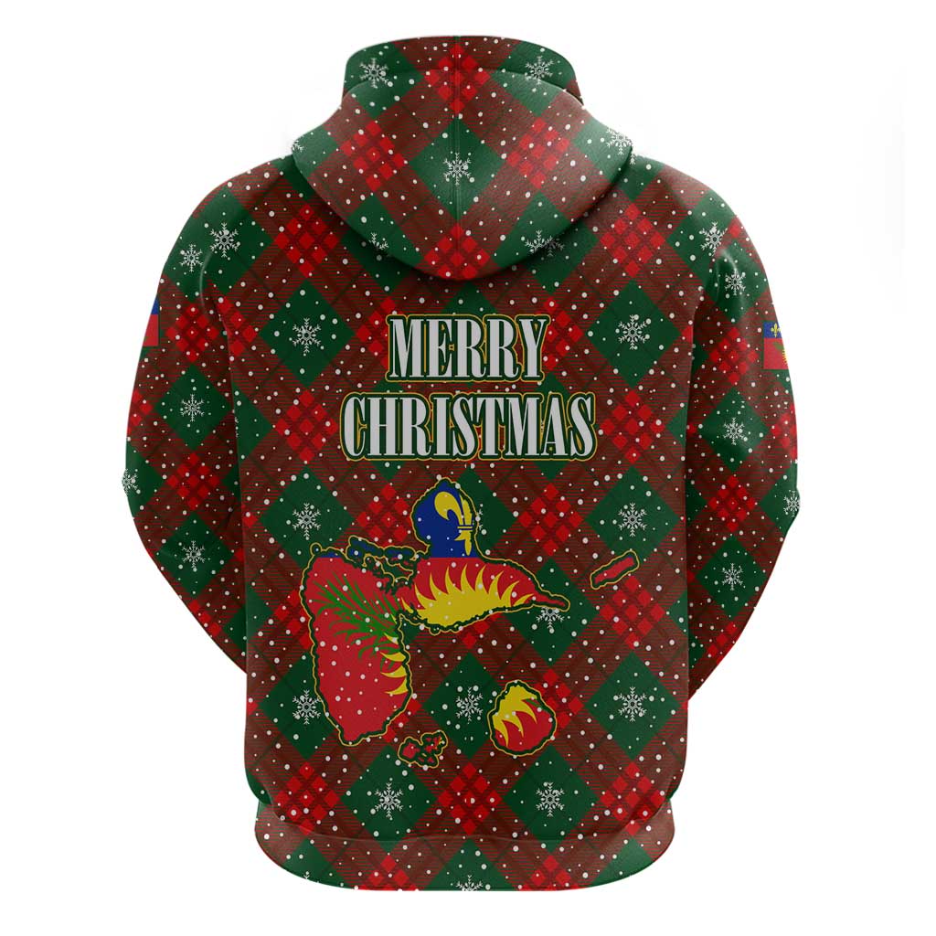 Guadeloupe Christmas Hoodie with Green-Red Plaid Design, Island Map, and Traditional Santa Motif - Wonder Print Shop
