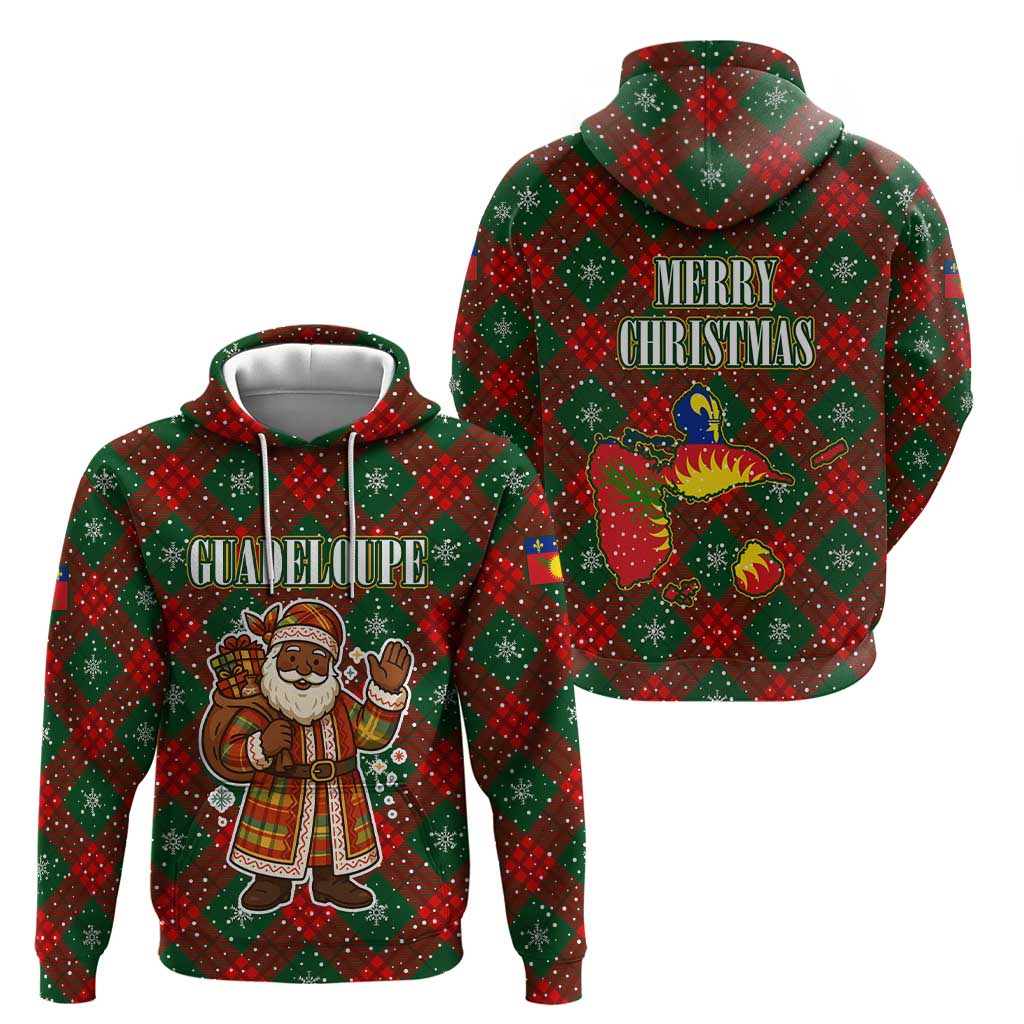 Guadeloupe Christmas Hoodie with Green-Red Plaid Design, Island Map, and Traditional Santa Motif - Wonder Print Shop
