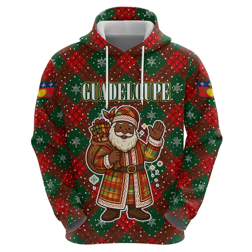 Guadeloupe Christmas Hoodie with Green-Red Plaid Design, Island Map, and Traditional Santa Motif - Wonder Print Shop