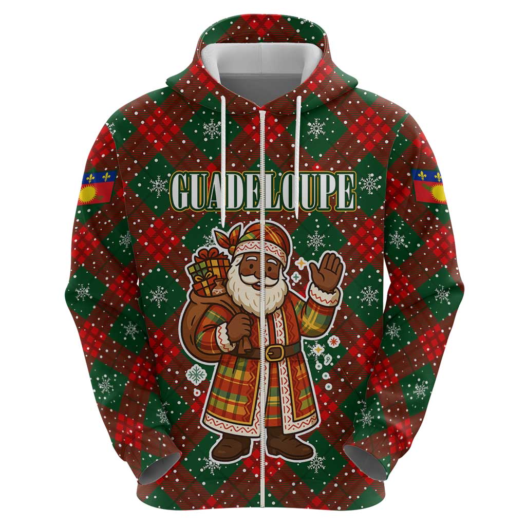 Guadeloupe Christmas Hoodie with Green-Red Plaid Design, Island Map, and Traditional Santa Motif - Wonder Print Shop