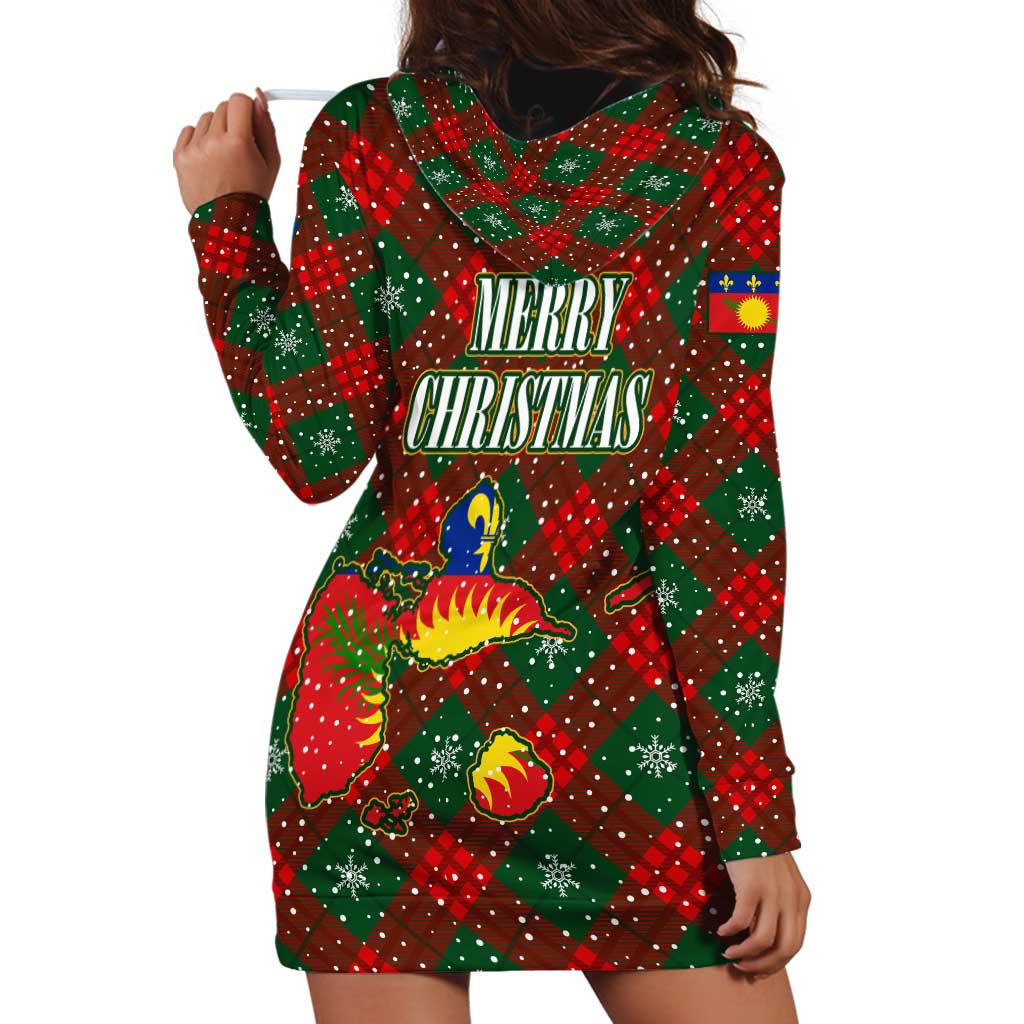 Guadeloupe Christmas Hoodie Dress with Green-Red Plaid Design, Island Map, and Traditional Santa Motif - Wonder Print Shop
