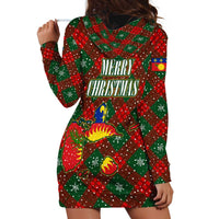 Guadeloupe Christmas Hoodie Dress with Green-Red Plaid Design, Island Map, and Traditional Santa Motif - Wonder Print Shop