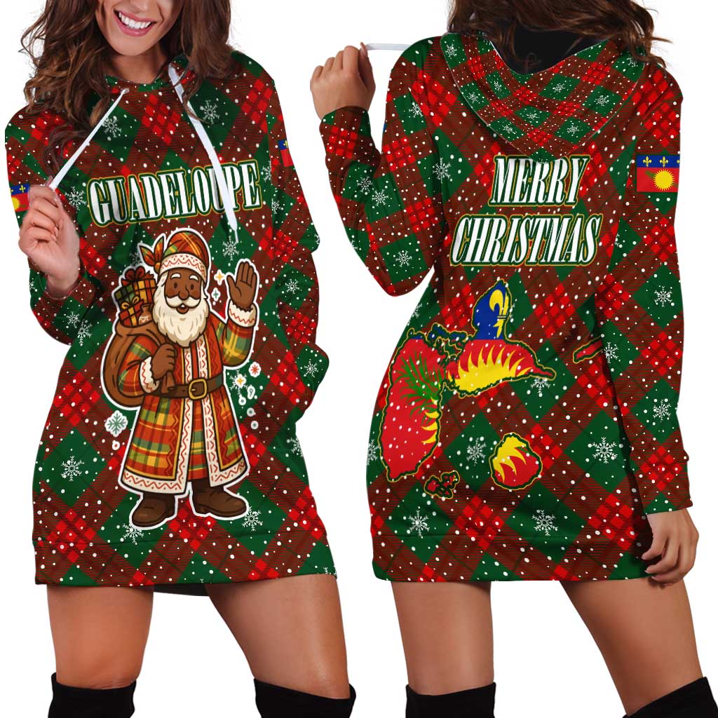 Guadeloupe Christmas Hoodie Dress with Green-Red Plaid Design, Island Map, and Traditional Santa Motif - Wonder Print Shop