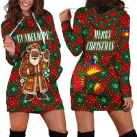 Guadeloupe Christmas Hoodie Dress with Green-Red Plaid Design, Island Map, and Traditional Santa Motif - Wonder Print Shop