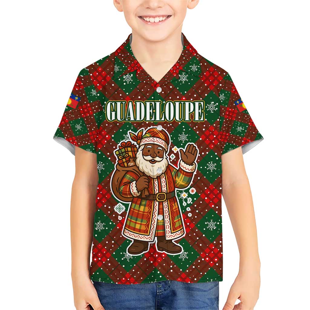 Guadeloupe Christmas Kid Hawaiian Shirt with Green-Red Plaid Design, Island Map, and Traditional Santa Motif - Wonder Print Shop
