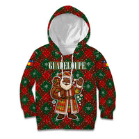 Guadeloupe Christmas Kid Hoodie with Green-Red Plaid Design, Island Map, and Traditional Santa Motif - Wonder Print Shop