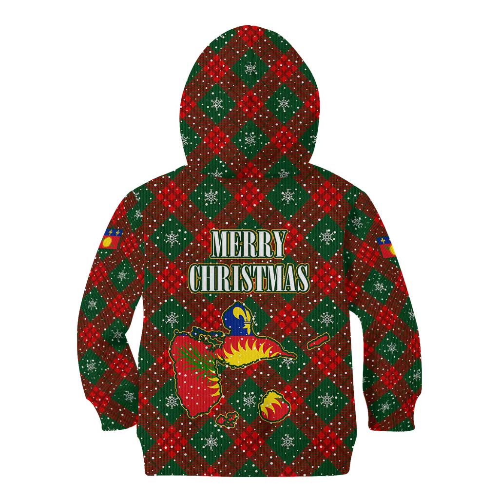 Guadeloupe Christmas Kid Hoodie with Green-Red Plaid Design, Island Map, and Traditional Santa Motif - Wonder Print Shop