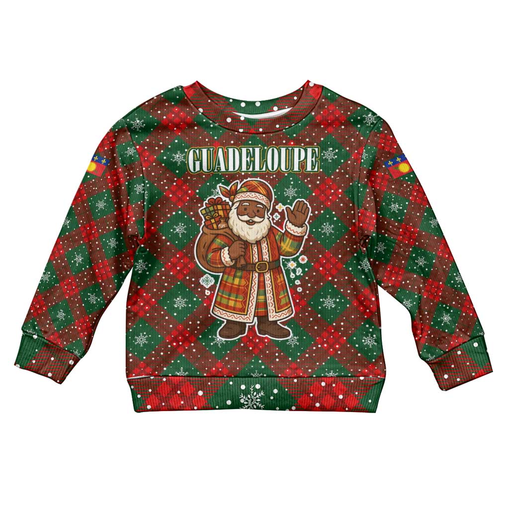 Guadeloupe Christmas Kid Ugly Christmas Sweater with Green-Red Plaid Design, Island Map, and Traditional Santa Motif - Wonder Print Shop