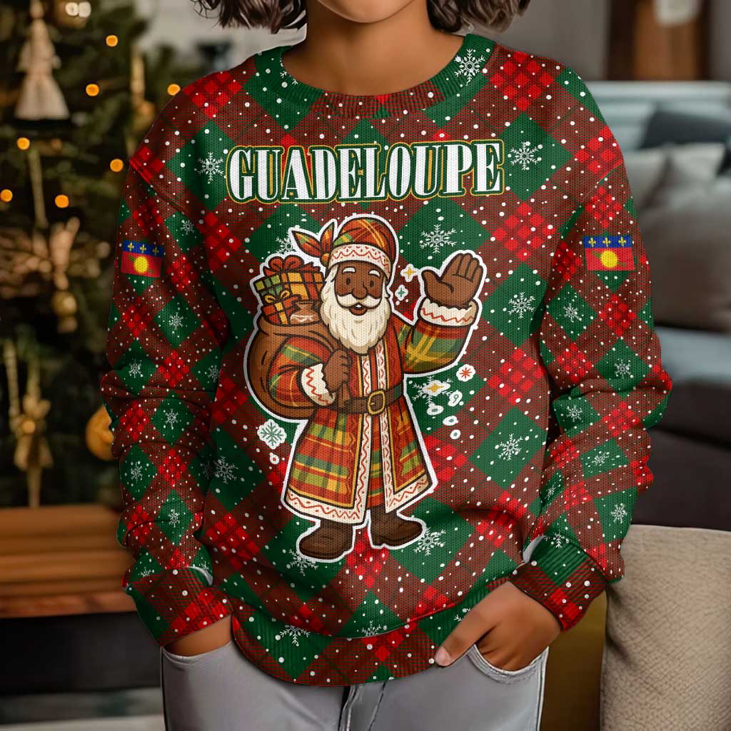 Guadeloupe Christmas Kid Ugly Christmas Sweater with Green-Red Plaid Design, Island Map, and Traditional Santa Motif - Wonder Print Shop