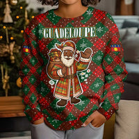 Guadeloupe Christmas Kid Ugly Christmas Sweater with Green-Red Plaid Design, Island Map, and Traditional Santa Motif - Wonder Print Shop