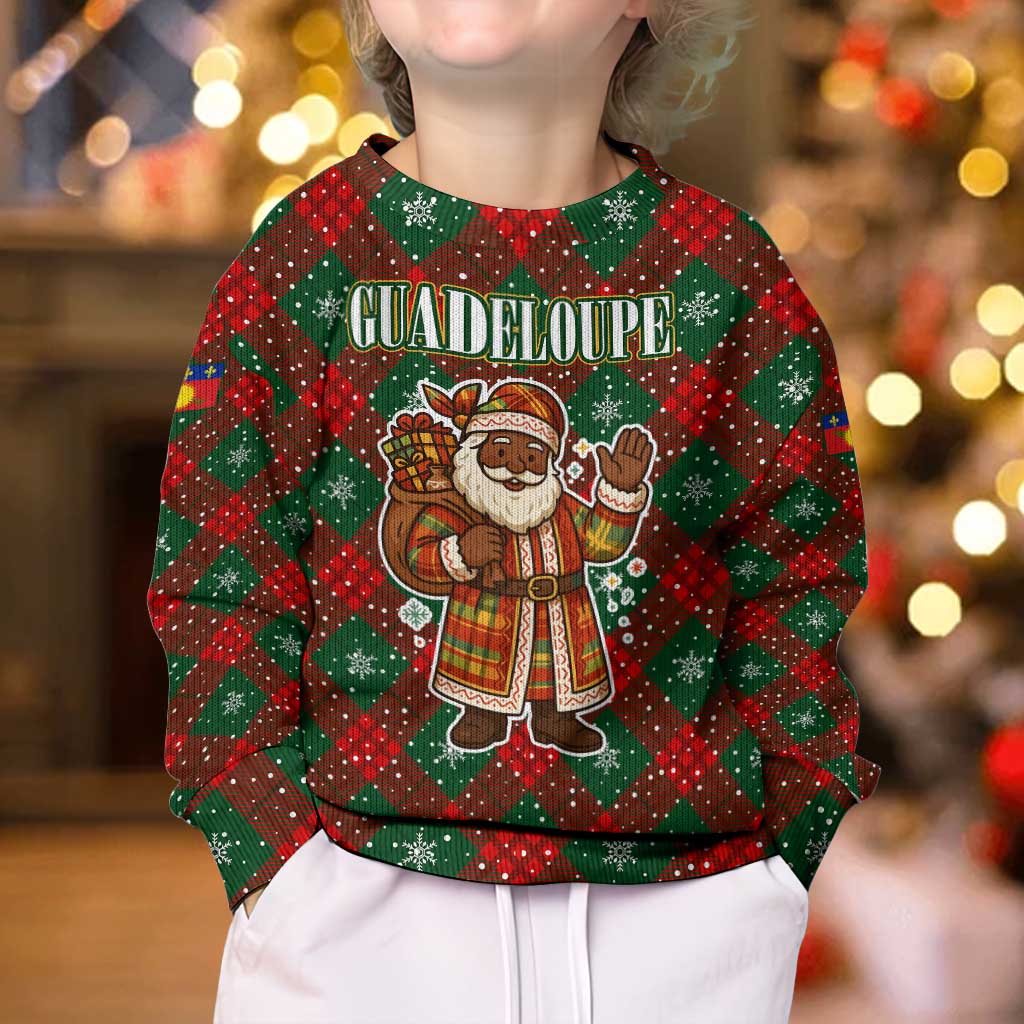 Guadeloupe Christmas Kid Ugly Christmas Sweater with Green-Red Plaid Design, Island Map, and Traditional Santa Motif - Wonder Print Shop
