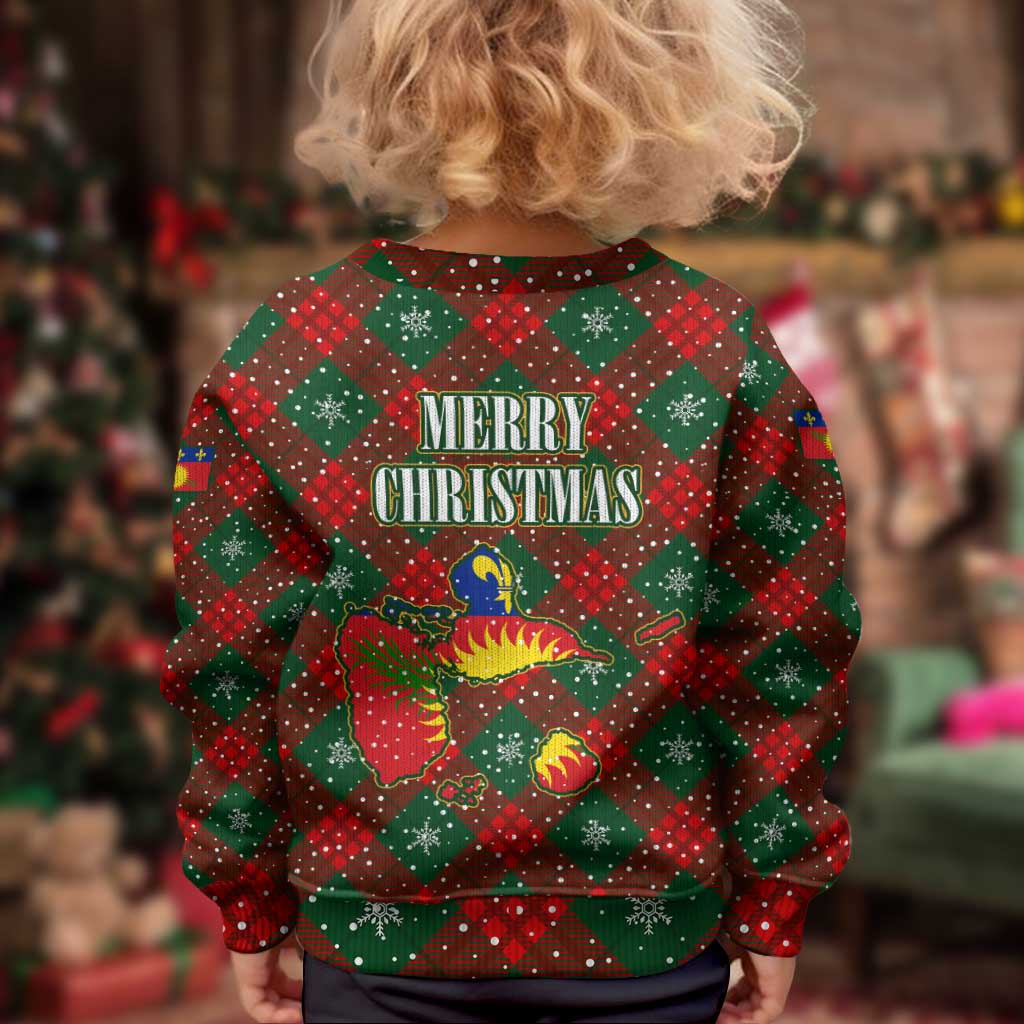 Guadeloupe Christmas Kid Ugly Christmas Sweater with Green-Red Plaid Design, Island Map, and Traditional Santa Motif - Wonder Print Shop