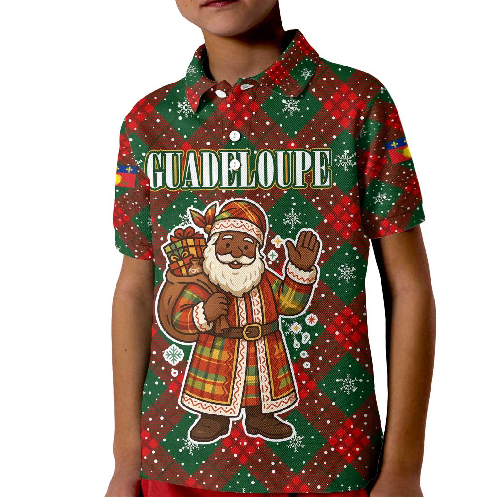 Guadeloupe Christmas Kid Polo Shirt with Green-Red Plaid Design, Island Map, and Traditional Santa Motif - Wonder Print Shop
