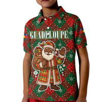 Guadeloupe Christmas Kid Polo Shirt with Green-Red Plaid Design, Island Map, and Traditional Santa Motif - Wonder Print Shop