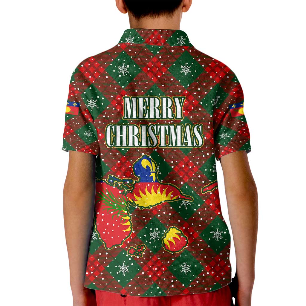 Guadeloupe Christmas Kid Polo Shirt with Green-Red Plaid Design, Island Map, and Traditional Santa Motif - Wonder Print Shop