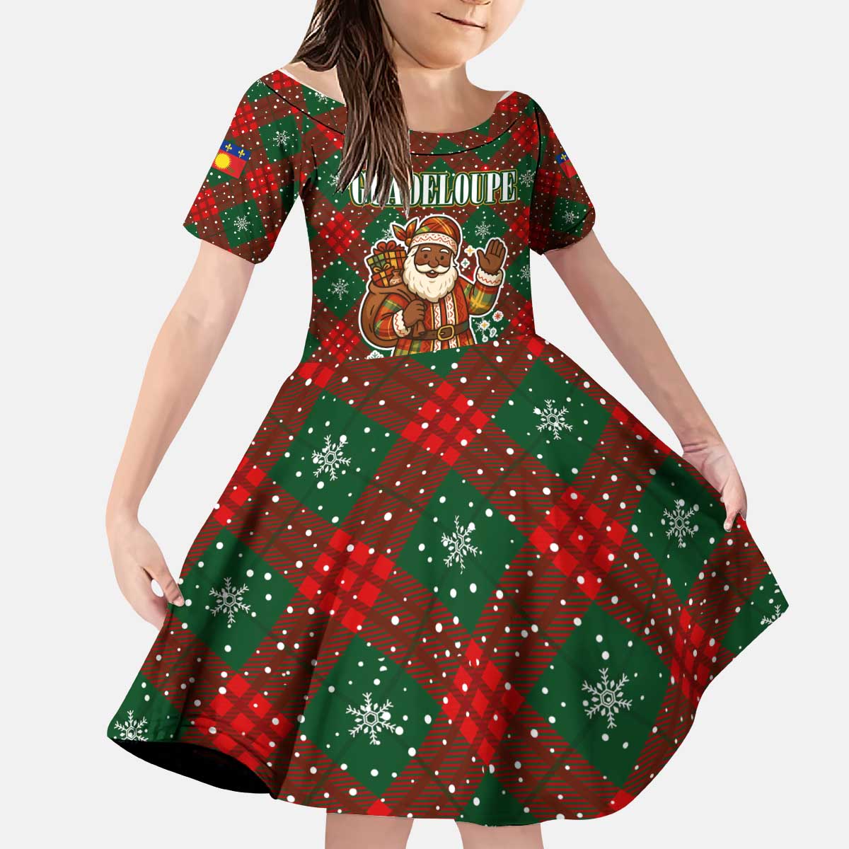 Guadeloupe Christmas Kid Short Sleeve Dress with Green-Red Plaid Design, Island Map, and Traditional Santa Motif - Wonder Print Shop