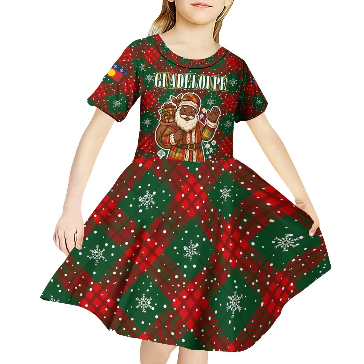Guadeloupe Christmas Kid Short Sleeve Dress with Green-Red Plaid Design, Island Map, and Traditional Santa Motif - Wonder Print Shop